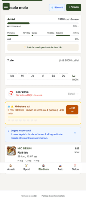 Aplicația eat — o masă analizată: calorii, macros, scor zilnic